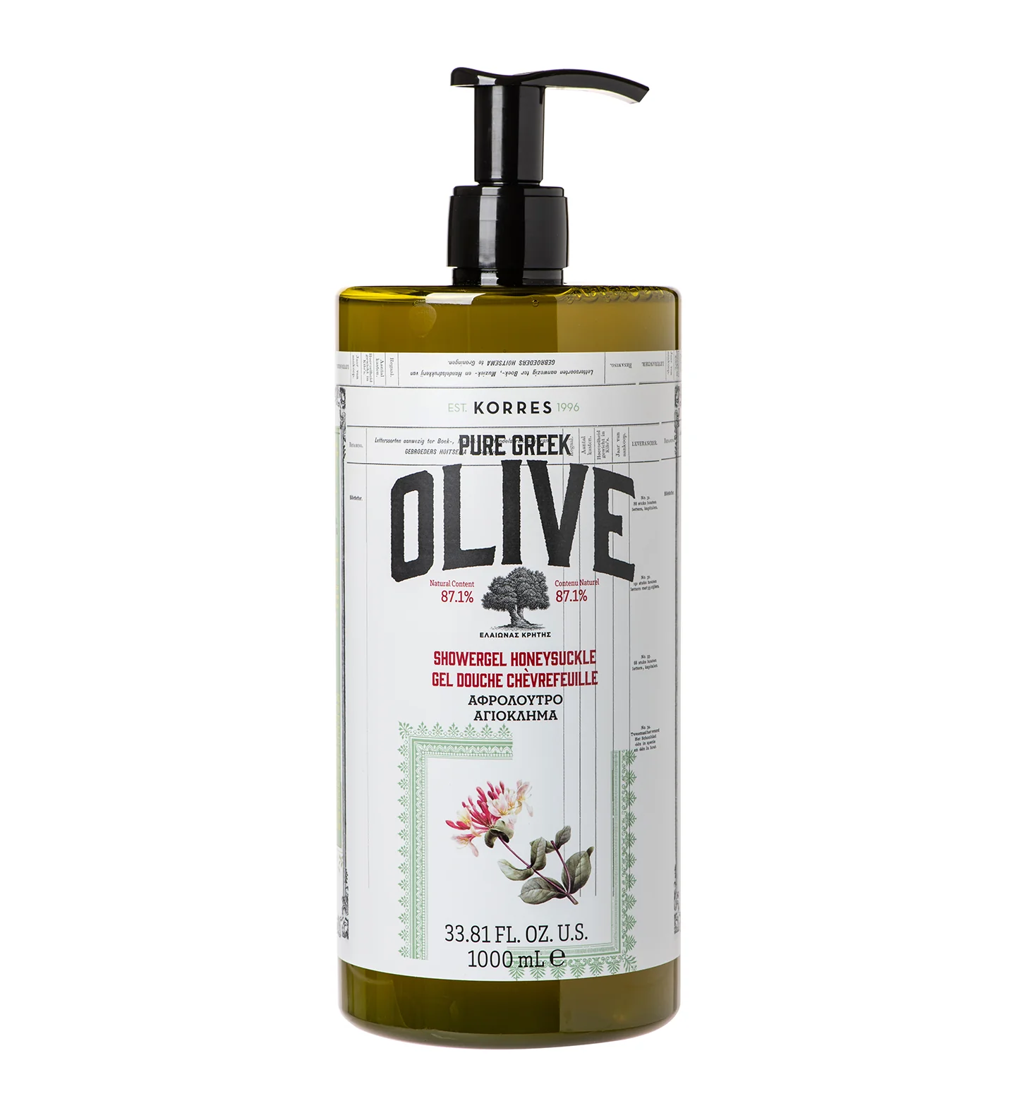 Pure Greek Olive Shower Gel Honeysuckle 1 Liter